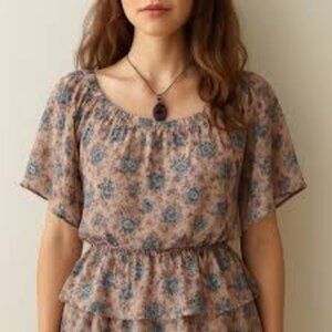 Fang Sheer Pink/Blue Tiny Floral Flutter Peasant Boho Blouse XLarge Juniors